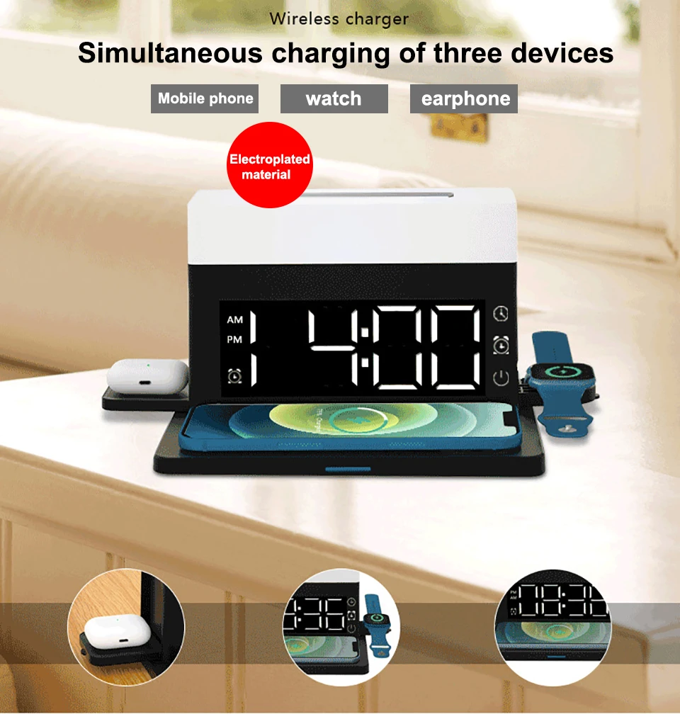 Estación de Carga Inalámbrica 6 en 1 – Cargador Rápido Qi con Luz RGB y Reloj Digital Estación de Carga Inalámbrica 6 en 1 – Cargador Rápido Qi con Luz RGB y Reloj Digital