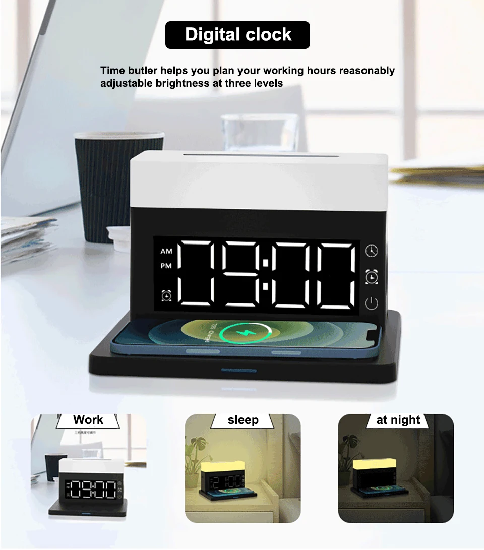 Estación de Carga Inalámbrica 6 en 1 – Cargador Rápido Qi con Luz RGB y Reloj Digital Estación de Carga Inalámbrica 6 en 1 – Cargador Rápido Qi con Luz RGB y Reloj Digital