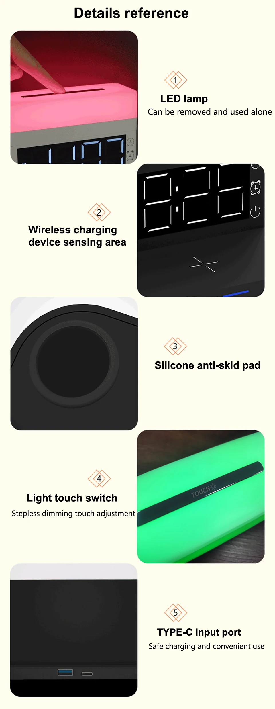 Estación de Carga Inalámbrica 6 en 1 – Cargador Rápido Qi con Luz RGB y Reloj Digital Estación de Carga Inalámbrica 6 en 1 – Cargador Rápido Qi con Luz RGB y Reloj Digital