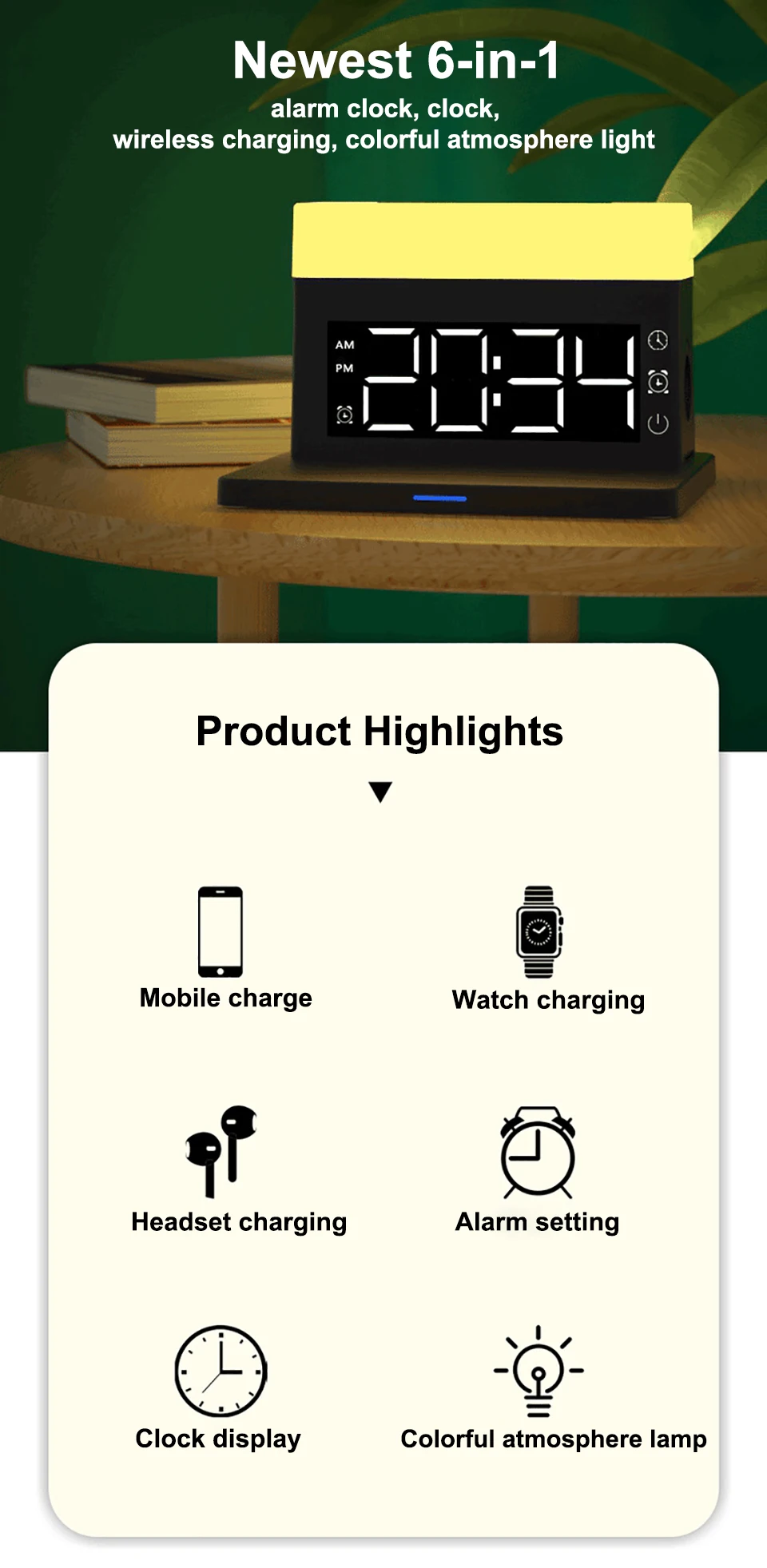 Estación de Carga Inalámbrica 6 en 1 – Cargador Rápido Qi con Luz RGB y Reloj Digital Estación de Carga Inalámbrica 6 en 1 – Cargador Rápido Qi con Luz RGB y Reloj Digital