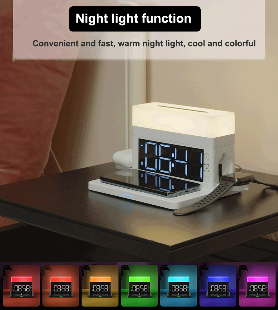 Estación de Carga Inalámbrica 6 en 1 – Cargador Rápido Qi con Luz RGB y Reloj Digital Estación de Carga Inalámbrica 6 en 1 – Cargador Rápido Qi con Luz RGB y Reloj Digital