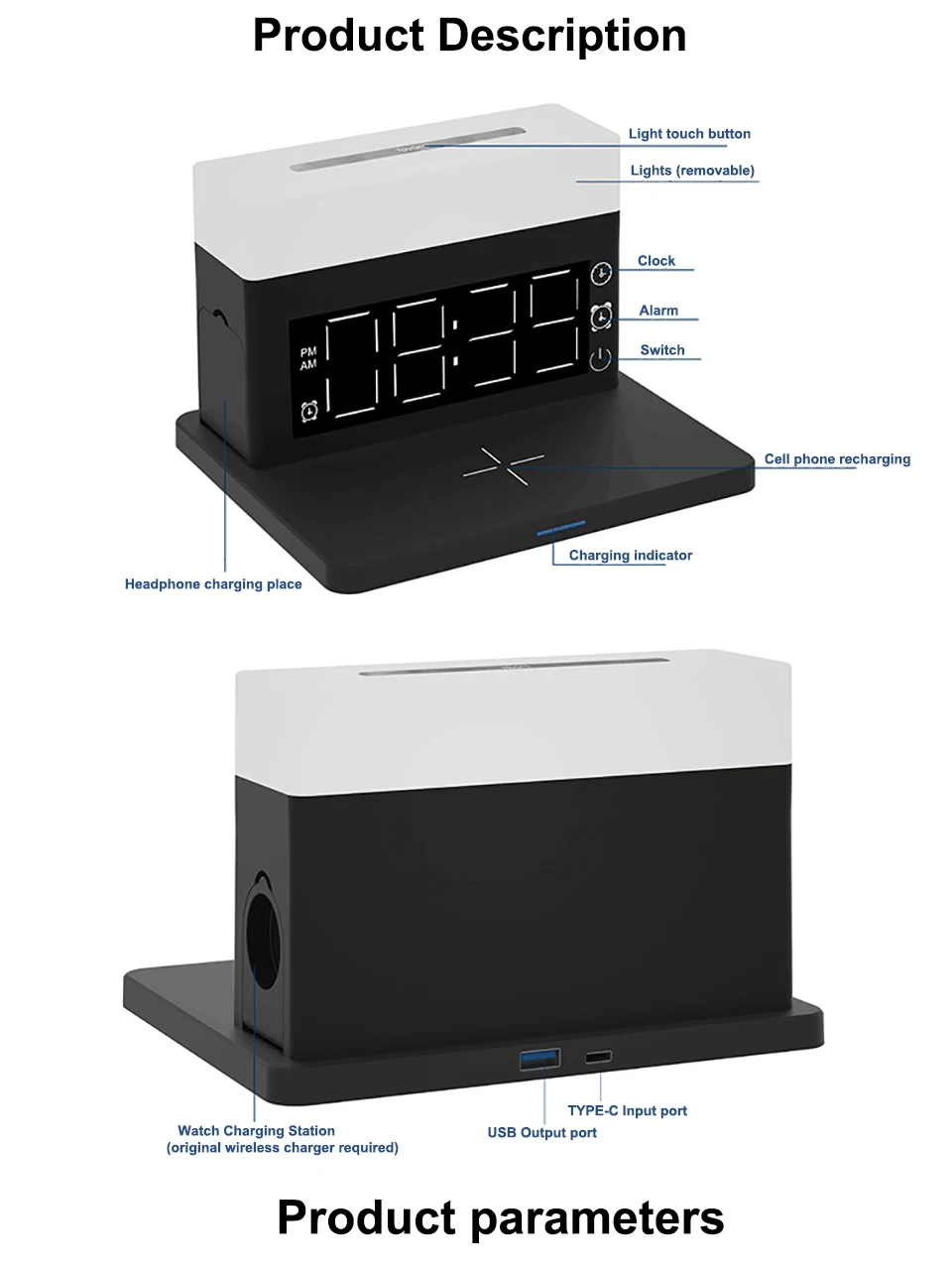 Estación de Carga Inalámbrica 6 en 1 – Cargador Rápido Qi con Luz RGB y Reloj Digital Estación de Carga Inalámbrica 6 en 1 – Cargador Rápido Qi con Luz RGB y Reloj Digital